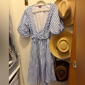 STAUD Blue and White Midi Dress